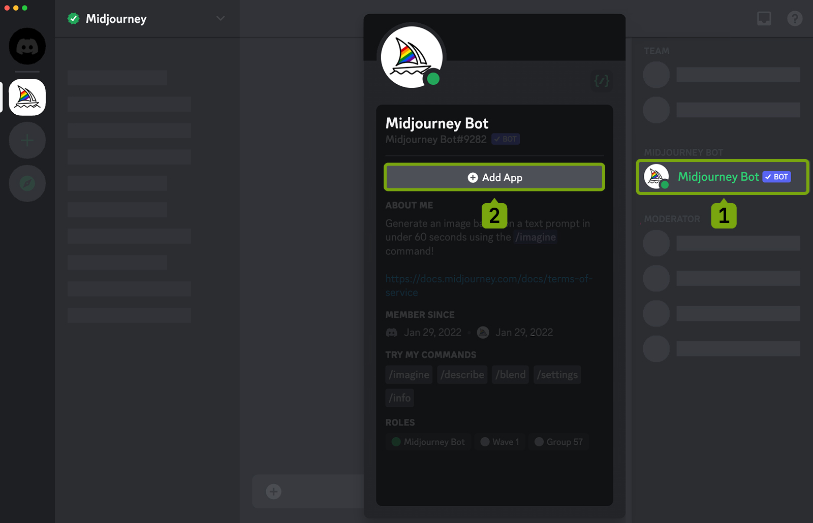 显示Midjourney Discord 的屏幕截图。 Midjourney 机器人在左侧用户列表中突出显示，其下方有一个数字。 还可以看到显示 Midjourney Bot Add App 的弹出窗口。 “添加应用程序”按钮突出显示，其下方有数字 2。