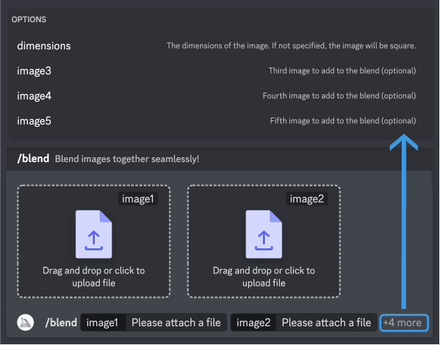 显示 Midjourney /blend 命令的 Discord 应用程序界面的图片