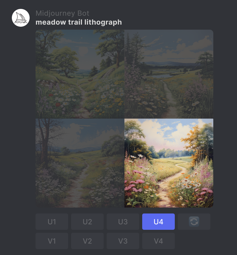 由 Midjourney Bot 使用提示“meadow Trail lithograph”生成的图像网格，U4 按钮以蓝色突出显示。