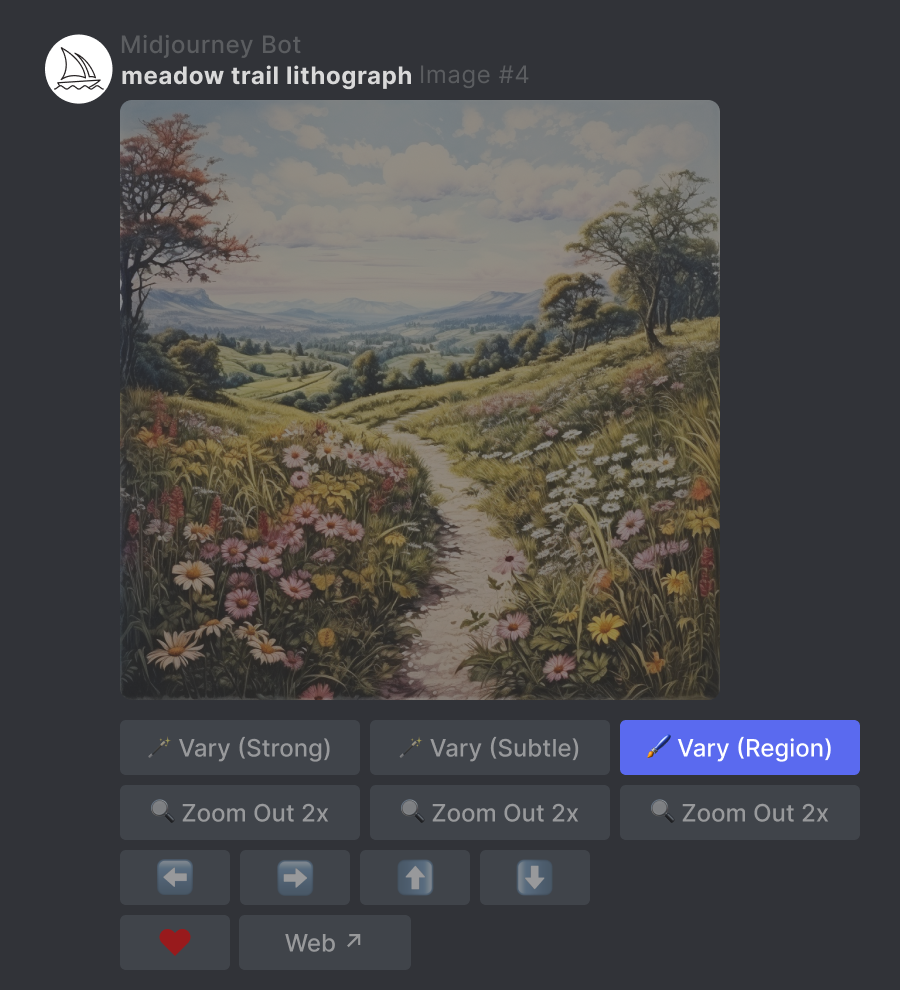 由 Midjourney Bot 使用提示“meadow Trail lithograph”生成的放大图像，编辑器按钮以蓝色突出显示。