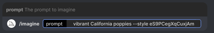 该图显示了Midjourney 提示框，其中包含文字“充满活力的加州罂粟”--代码 eS9PCegXqCuxjAm