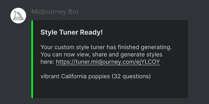 显示在 Midjourney Bot 返回指向您的 Style Tuner 页面的链接后创建的此对话框的图像
