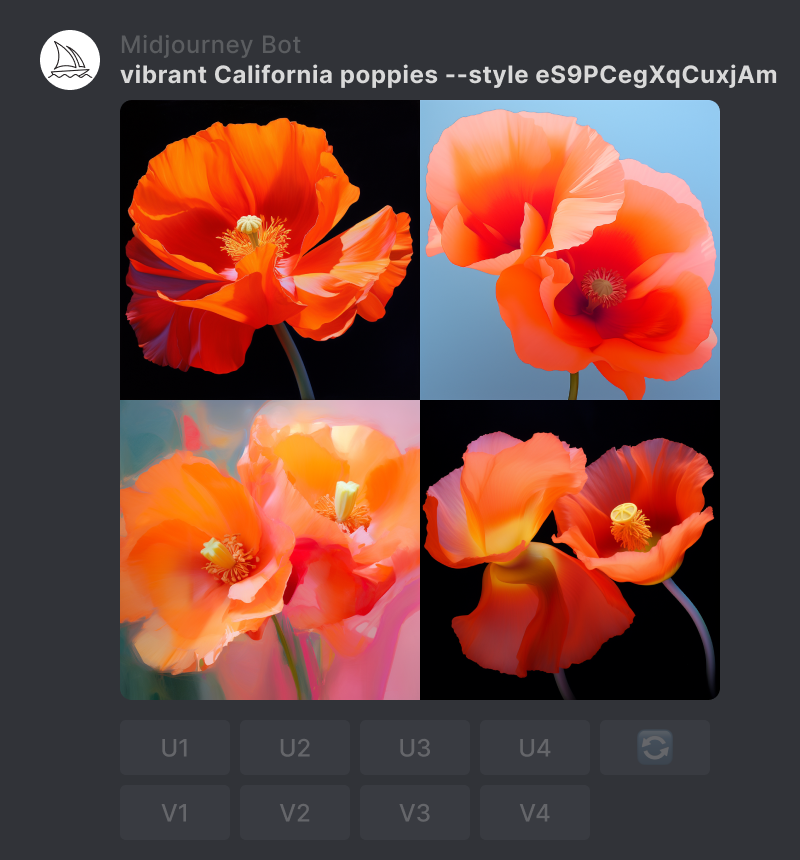 该图显示了 Midjourney 界面，其中包含用提示充满活力的加州罂粟花制作的图像网格 - 代码 E9qe0kNB