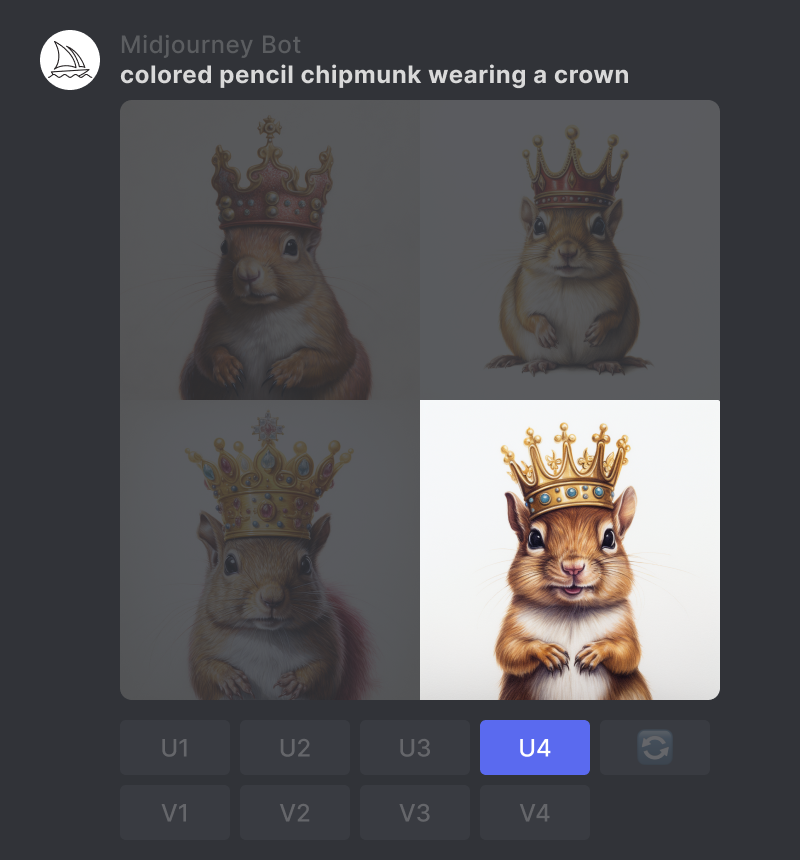 Midjourney Bot 使用提示“戴着皇冠的彩色铅笔花栗鼠”生成的图像网格，U4 按钮以蓝色突出显示。