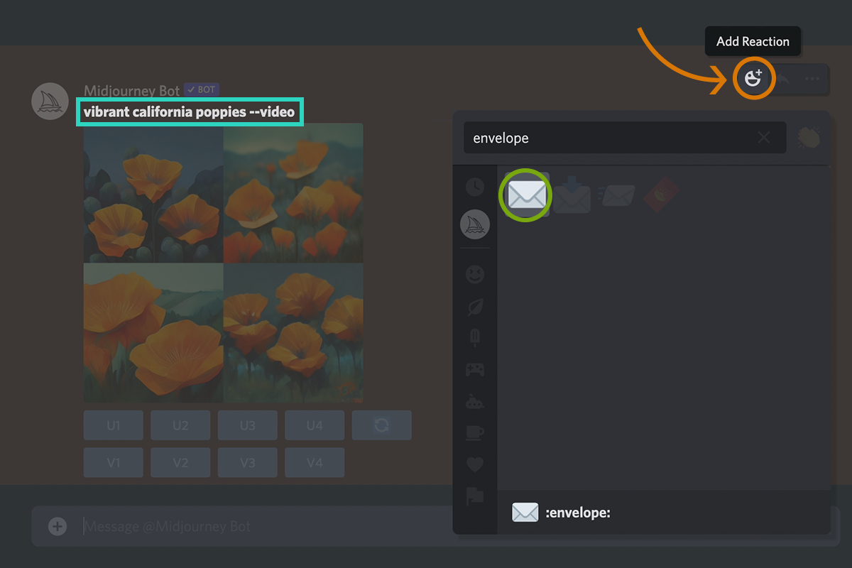 该图展示了如何在Midjourney 对信封表情符号做出反应