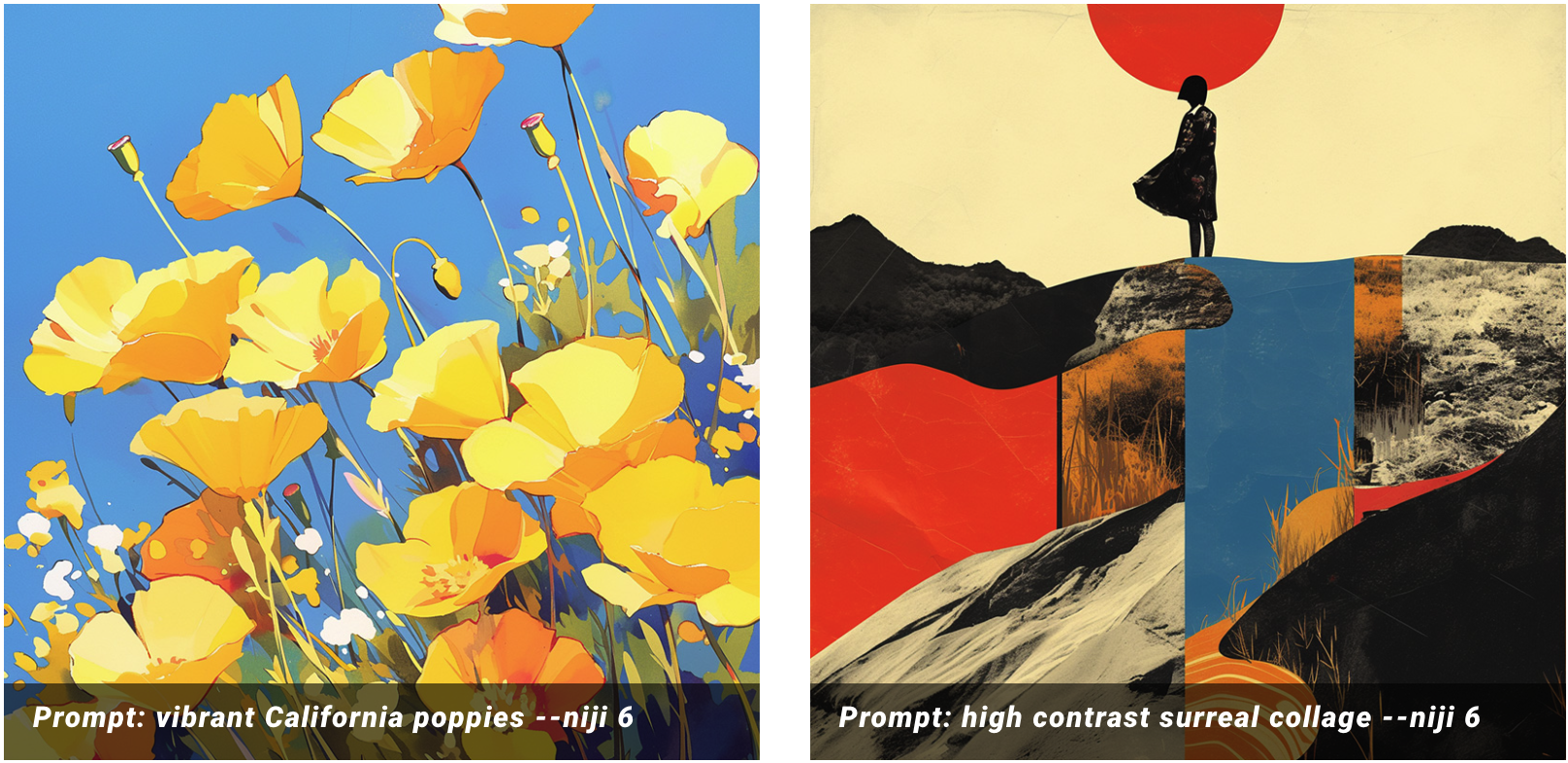 Niji 6 提示的示例图像 Vibrant California Poppies提示：充满活力的 California poppies --niji 6
Niji 6 提示高对比度超现实拼贴的示例图像提示：高对比度超现实拼贴 --niji 6