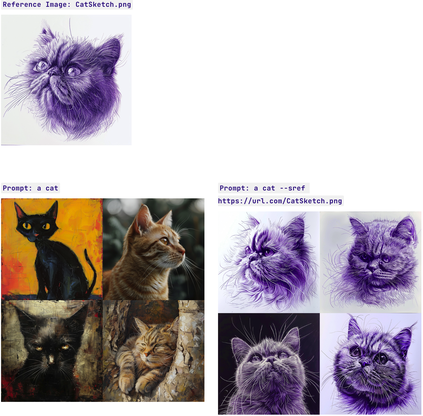 参考图片：CatSketch.png
猫的圆珠笔草图，紫色墨水，由 Midjourney 生成
提示：一只猫
Midjourney 生成的四张猫图像的网格，带有提示“一只猫”，显示默认生成的说明性和摄影风格的混合
提示：一只猫 --sref https://url.com/CatSketch.png
由 Midjourney 生成的四张猫图像的网格，带有文本提示“a cat”和 --sref 参数，显示以墨水草图样式生成的四张图像