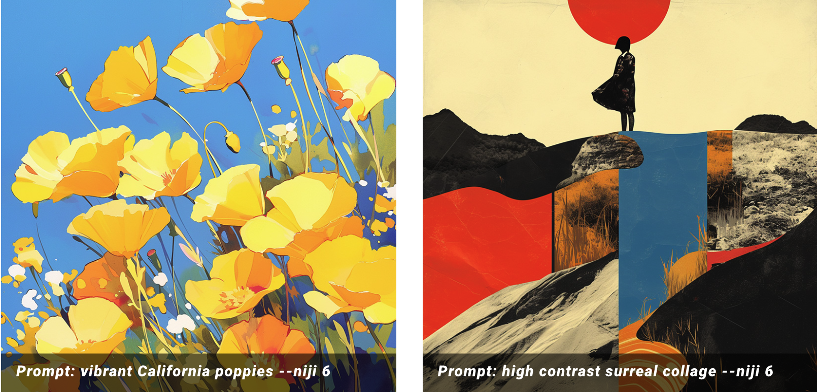 Niji 6 提示的示例图像 Vibrant California Poppies提示：充满活力的 California poppies --niji 6
Niji 6 提示高对比度超现实拼贴的示例图像提示：高对比度超现实拼贴 --niji 6