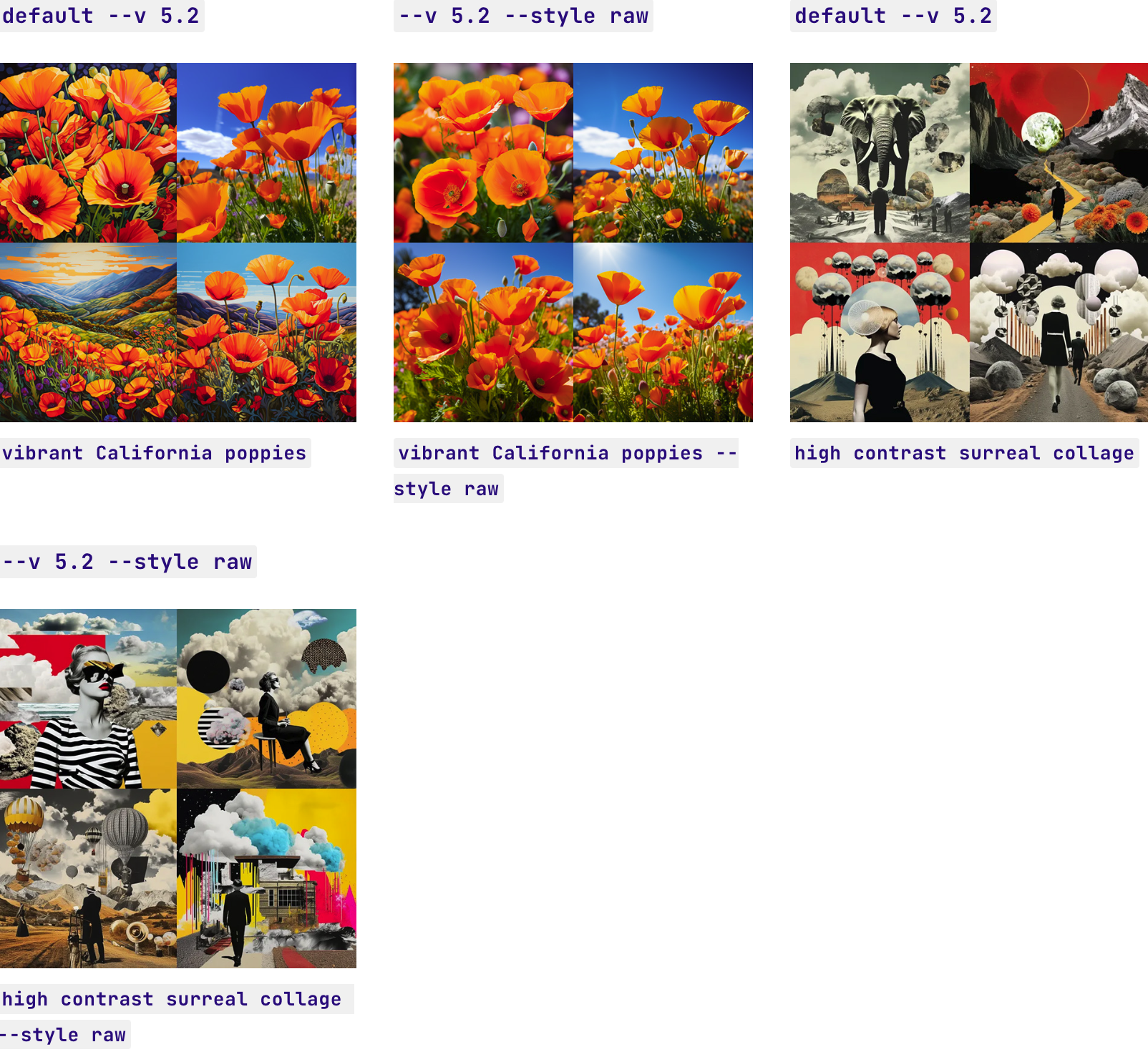 默认--v 5.2
Midjourney 版本 v5.2 提示的示例图像充满活力的加州罂粟 --v 5.2 充满活力的加州罂粟
--v 5.2 --风格原始
Midjourney 版本 v5.2 提示的示例图像充满活力的加州罂粟 --v 5.2 充满活力的加州罂粟 --style raw
默认--v 5.2
Midjourney 版本 v5.2 示例图像高对比度超现实拼贴 --v 5.2 高对比度超现实拼贴
--v 5.2 --风格原始
Midjourney 版本 v5.2 示例图像高对比度超现实拼贴 --v 5.2 高对比度超现实拼贴 --style raw