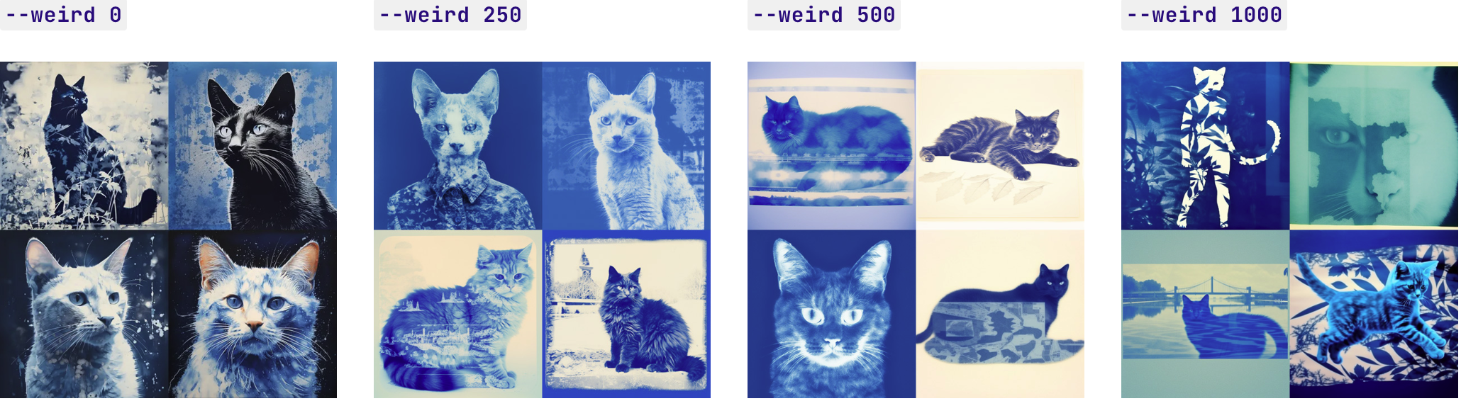 --奇怪的0
使用 Midjourney 怪异参数生成的示例图像，提示：cyanotype cat --weird 0
--奇怪的250
使用 Midjourney 怪异参数生成的示例图像，提示：cyanotype cat --weird 250
--奇怪的500
使用 Midjourney 怪异参数生成的示例图像，提示：cyanotype cat --weird 500
--奇怪的1000
使用 Midjourney 怪异参数生成的示例图像，提示：cyanotype cat --weird 1000